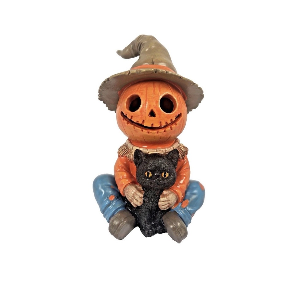 Hallow's Eve Pumpkin Scarecrow Black Cat Light Up Halloween Figurine 10.5 Inch